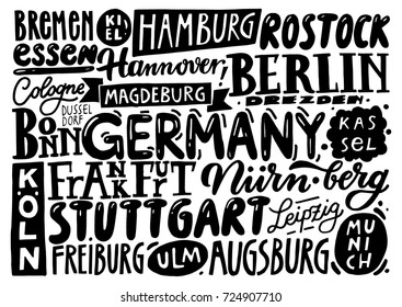 Ciudades de Alemania.Cartel de letras dibujado a mano. Diseño tipográfico de letra bord. Ciudades europeas.