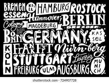 Cities of German. Hand drawn lettering poster. Typographic design of lettering bord. European cities on a black backgrond.