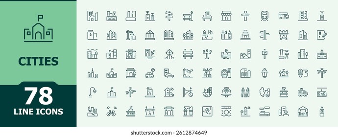 Cities icon set. Contains such symbols as transport, infrastructure, building, transportation and more. Minimal icons set. Urban vector icon set. Vector illustration.