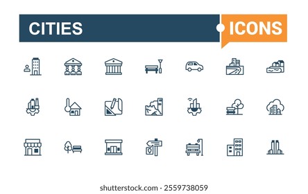 Cities icon set. Related to iot, phone, town, windmill, business, technology, drone and more. Perfect for logos and infographics. Vector line and solid icons.