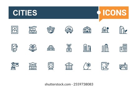 Cities icon set. Related to iot, phone, town, windmill, business, technology, drone and more. Perfect for logos and infographics. Vector line and solid icons.