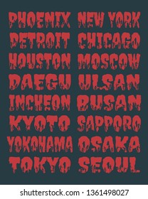 Cities names and zombie silhouettes on them. Halloween theme collection