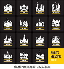 cities at night, cityscape, city skyline, city silhouette, cities vector icons set, megacities,