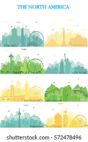 Cities of the North America with famous landmarks. Collection of color silhouettes. Flat style vector illustration.