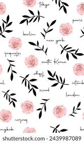 patrón de ciudades nueva york tokio bangkok berlin parís estampado de eslóganes, rosas e ilustración vectorial circular, para gráfico de camiseta