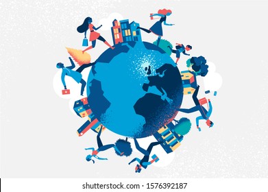 Cities and running people on the globe - Vector