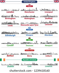 Cities skylines of British Isles countries: United Kingdom (England, Wales, Scotland, Northern Ireland) and Republic of Ireland. All elements separated in editable and detachable layers. Vector set