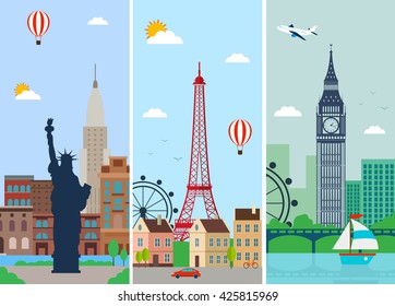 Cities skylines design with landmarks. London, Paris and New York cities skylines design with landmarks. Flat landscapes. Vector illustration