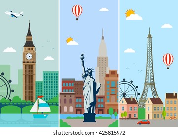 Cities skylines design with landmarks. London, Paris and New York cities skylines design with landmarks. Flat landscapes. Vector illustration.