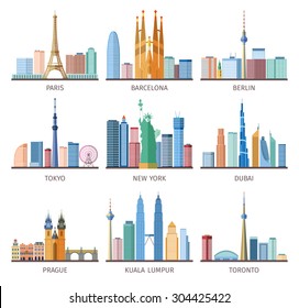 Cities skylines icons set around the world with Eiffel tower and Statue of Liberty flat isolated vector illustration 