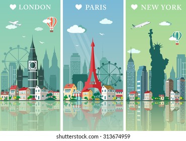 Cities skylines set. Flat landscapes vector illustration. London, Paris and New York silhouettes with landmarks.