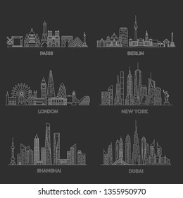 Cities skylines set. New York, London, Paris, Berlin, Dubai, Shanghai.  Vector illustration, line art style.