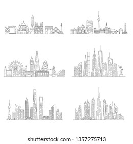 Cities skylines set. New York, London, Paris, Berlin, Dubai, Shanghai. Vector illustration, line art style.