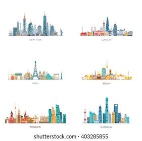 Cities skylines set. New York, London, Paris, Berlin, Moscow, Shanghai.  Vector illustration, flat style.