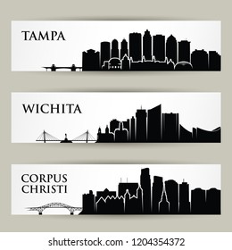 Cities skylines - Tampa, Wichita, Corpus Christi  Florida, Kansas, Texas  United States of America USA - isolated vector illustration