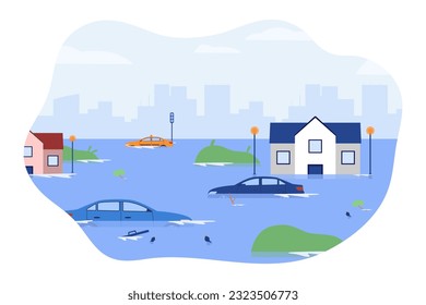 Cities suffering from flood vector illustration. Water damaging houses, cars and trees, causing infrastructure crisis. Natural disaster, climate change, emergency concept