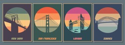 Cities Symbols - Bridges Posters Set, Brooklyn Bridge, Tower Bridge, Golden Gate, Harbour Bridge Emblems, Logos, Icons, Vintage Colors