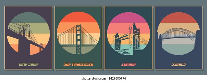 Stadtsymbole - Brücken-Set, Brooklyn-Brücke, Tower Bridge, Golden Gate, Hafenbrücken-Embleme, Logos, Symbole, Vintage-Farben