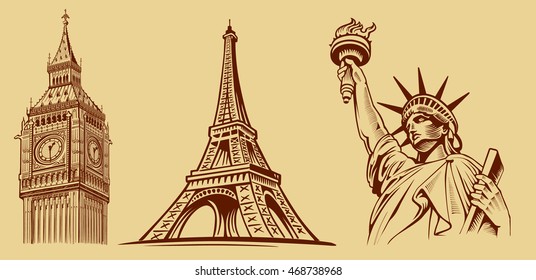  cities symbols sketch: Paris (Eiffel Tower), London (London Bridge), New York