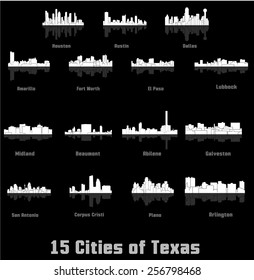 Cities of Texas ( Amarillo, Fort Worth, El Paso, Houston, Austin, Dallas, San Antonio, Plano, Corpus Cristi, Galveston, Abilene, Arlington, Lubbock, Midland, Beaumont )