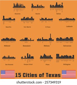 Cities of Texas ( Amarillo, Fort Worth, El Paso, Houston, Austin, Dallas, San Antonio, Plano, Corpus Cristi, Galveston, Abilene, Arlington, Lubbock, Midland, Beaumont )