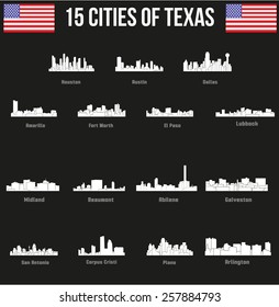 Cities of Texas ( Amarillo, Fort Worth, El Paso, Houston, Austin, Dallas, San Antonio, Plano, Corpus Cristi, Galveston, Abilene, Arlington, Lubbock, Midland, Beaumont )