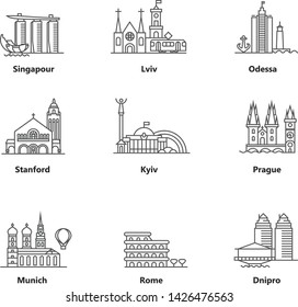 Cities vector set icon, 9 towns at one template for your app, web site, infographic etc