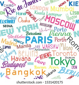 Cities of the world- colorful text seamless pattern texture. Perfect for textile, wallpaper, wrapping paper, book cover vector design.