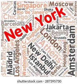 Cities in the World related word cloud background 