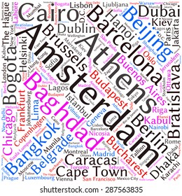 Cities in the World related word cloud background 