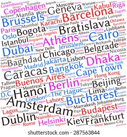 Cities in the World related word cloud background 