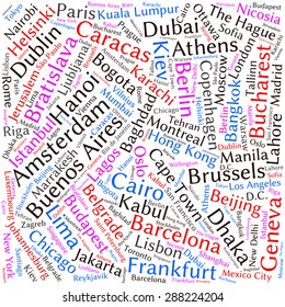 Cities in the World related word cloud background 
