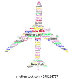 Cities in the World related word cloud background 
