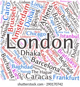 Cities in the World related word cloud background 