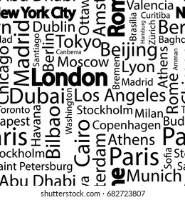 Cities of the world seamless pattern. The names of the cities of the world. Art seamless vector pattern background with names of cities. Seamless pattern with names of cities.