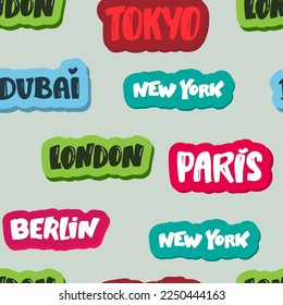 Cities of the world seamless patterns. Vector Typography background. Words in the English language.