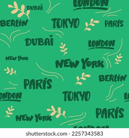 Cities of the world seamless patterns. Vector Typography background. Words in the English language