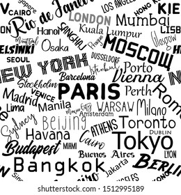 Cities of the world text seamless pattern texture. Perfect for textile, wallpaper, wrapping paper, book cover vector design.