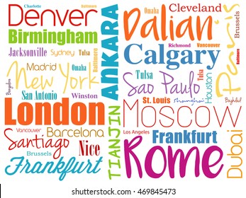 Cities in the world word cloud collage, travel destinations concept background