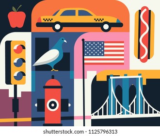 
Citiy skyline set. Flat landscape vector illustration. New York silhouette with landmarks. Taxi, hot dog, apple, traffic light, dove, flag USA, Brooklyn bridge.