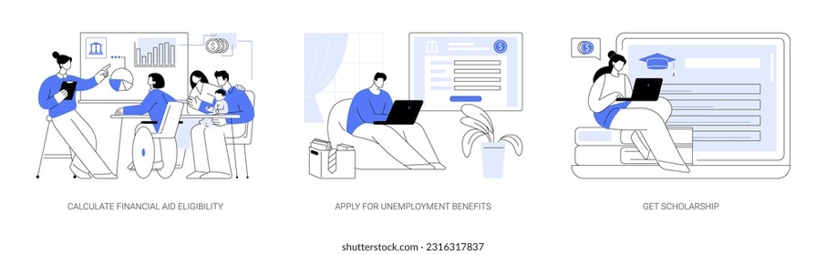 Citizen benefits abstract concept vector illustration set. Calculate financial aid eligibility, apply for unemployment benefits, get scholarship, social security, government help abstract metaphor.