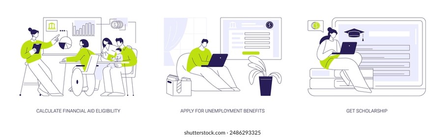 Citizen benefits abstract concept vector illustration set. Calculate financial aid eligibility, apply for unemployment benefits, get scholarship, social security, government help abstract metaphor.