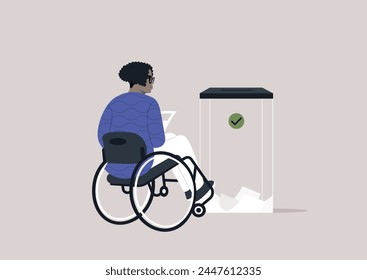 A Citizen Casting Vote at Accessible Ballot Box, A determined voter in a wheelchair engages in democracy by submitting a ballot