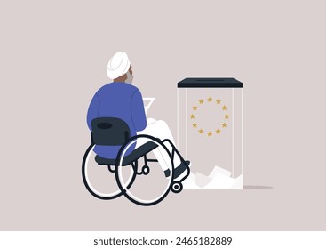 A Citizen Casting Vote at Accessible Ballot Box, A determined voter in a wheelchair engages in democracy by submitting a ballot