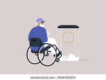 A Citizen Casting Vote at Accessible Ballot Box, A determined voter in a wheelchair engages in democracy by submitting a ballot