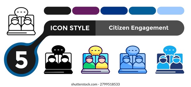 Citizen Engagement icon for representing digital interaction systems, public participation tools, and communication between citizens and governance platforms. Line, Filled, Color, Blue, Dualtone style.