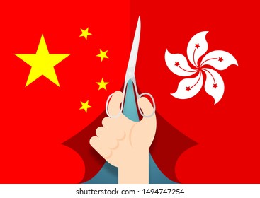 Citizen Hand with scissors cut flag of China and Hong Kong, Protest extradition legal problem concept poster and social banner post design illustration isolated on blue gradients background, vector