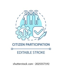 Citizen Participation Blue Concept Icon. People Involvement Abstract Idea Thin Line Illustration. Group Of People Take Decision Together. Vector Isolated Outline Color Drawing. Editable Stroke