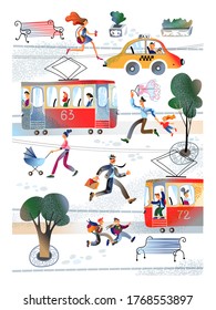 Citizen people hurry on urban transport. Characters man and woman running on tramway or taxi. Passengers transportation, modern city lifestyle, cityscape, road traffic concept. Vector illustration