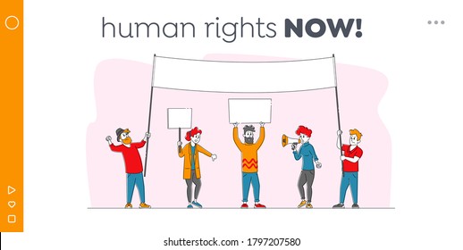 Citizen Protesting Landing Page Template. Angry People With Placards On Rally Demonstration, Strike. Characters Holding Placards, Banners Or Signs Fighting For Their Rights. Linear Vector Illustration